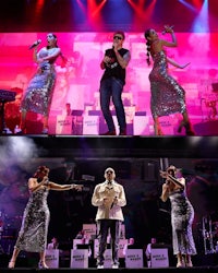 four pictures of a group of people performing on stage